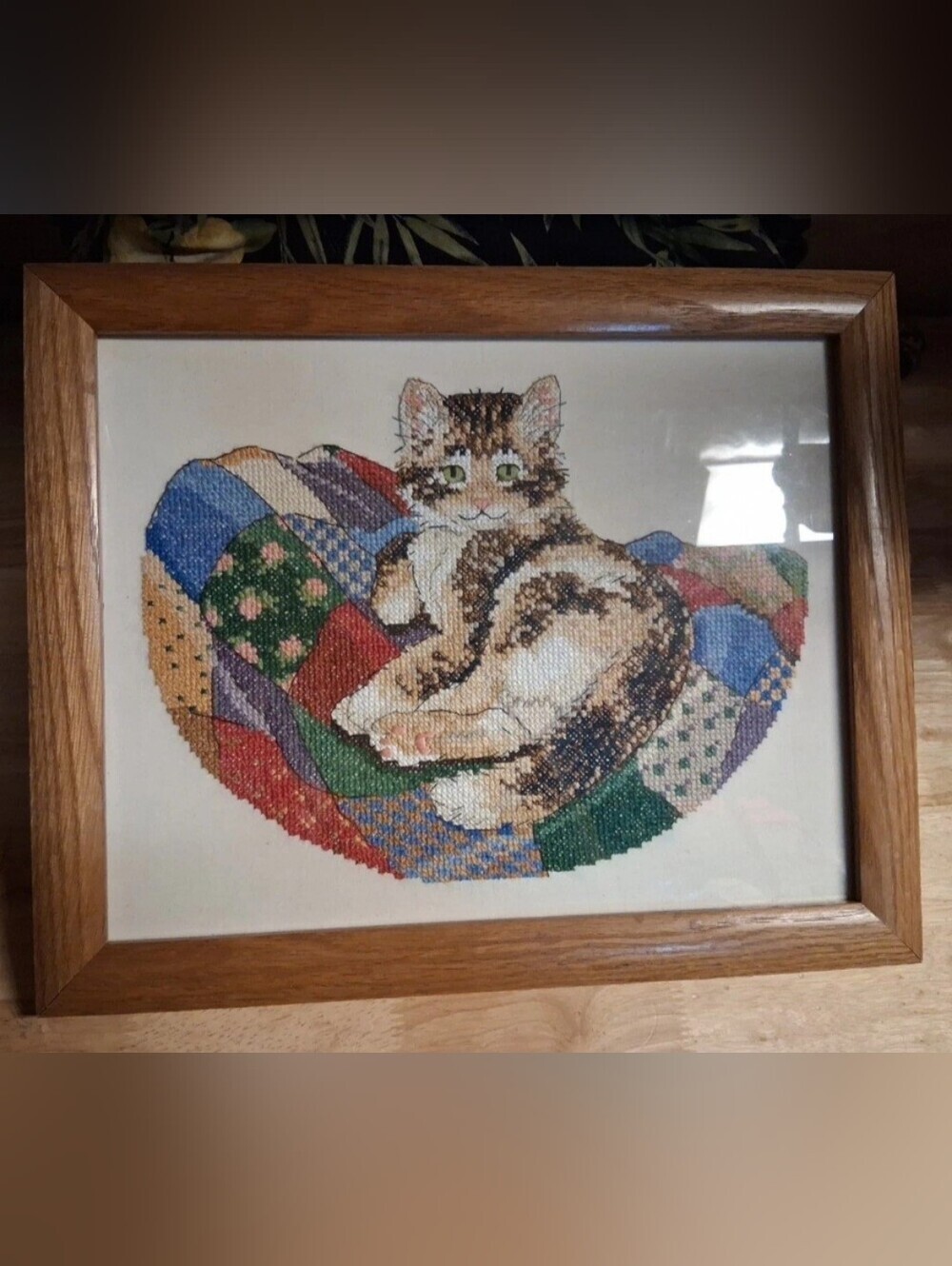 Wooden Framed Kitty Cat Needlepoint  Wall Decor Art 16x13